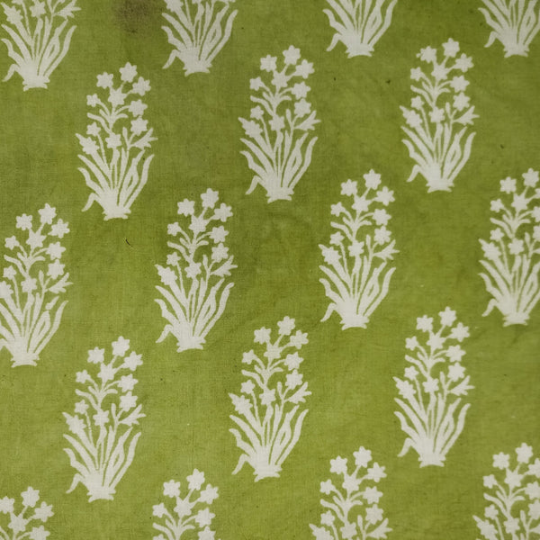 Pure Cotton Dabu Light Green With Cream Flower Motifs Hand Block Print Fabric
