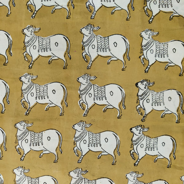 ( Pre-Cut 1.65 Meter ) Pure Cotton Dabu Light Mustard Moo Hand Block Print Fabric