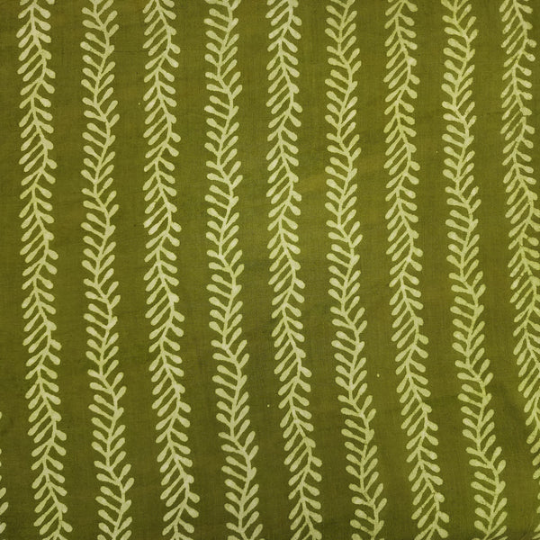 Pure Cotton Dabu Mahindi Green With Cream Grass Creeper Hand Block Print Fabric