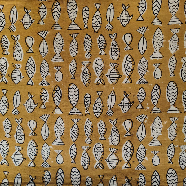 Pre-cut 0.90cm Pure Cotton Dabu Mud Mustard With Fish Hand Block Print Fabric