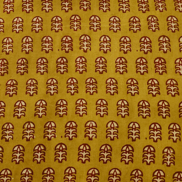 Pure Cotton Dabu Mustard With Cream And Rust Fish Bones  Hand Block Print Fabric