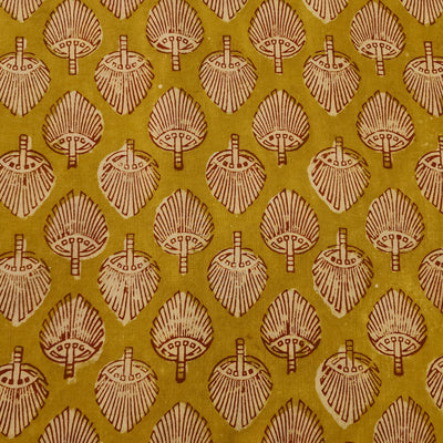 Pure Cotton Dabu Mustard With Cream And Rust Leaves Hand Block Print Fabric