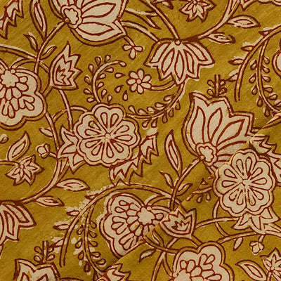 Pure Cotton Dabu Mustard With Cream And Rust Lotus Jaal Hand Block Print Fabric