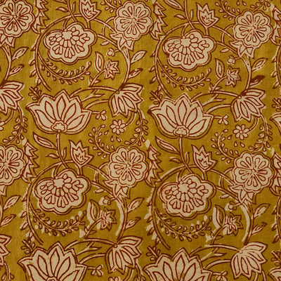 Pure Cotton Dabu Mustard With Cream And Rust Lotus Jaal Hand Block Print Fabric