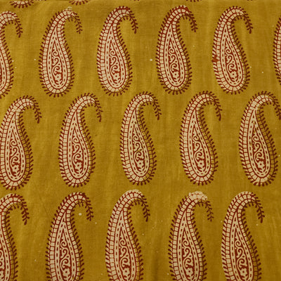 Pure Cotton Dabu Mustard With Cream And Rust Red Kairi Motif Hand Block Print Fabric