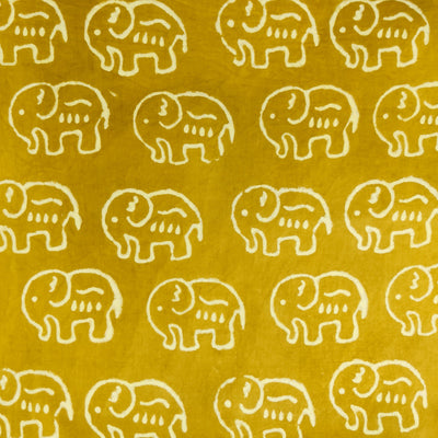 Pure Cotton Dabu Mustard With Cream Big Elephant Motif Hand Block Print Fabric