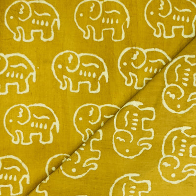 Pure Cotton Dabu Mustard With Cream Big Elephant Motif Hand Block Print Fabric
