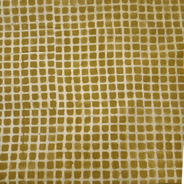 Pre-cut 1 meter Pure Cotton Dabu Mustard With Cream Checks Hand Block Print Fabric