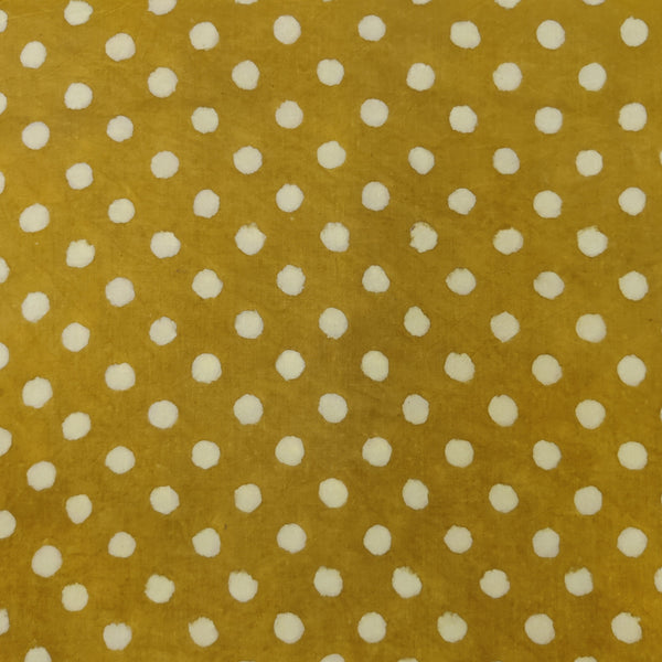 ( Pre-Cut 1.60 Meter ) Pure Cotton Dabu Mustard With Cream Polka Dots Hand Block Print Fabric