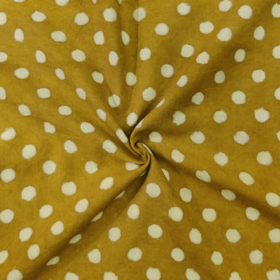 Pure Cotton Dabu Mustard With Cream Polka Dots Hand Block Print Fabric