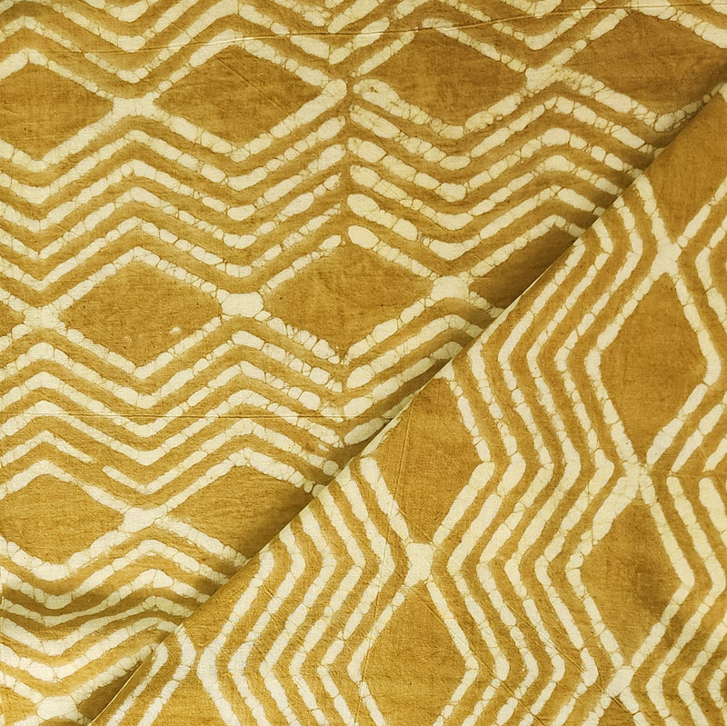 Pure Cotton Dabu Mustard With Cream Zig-Zag Intricate Design Hand Block Print Fabric