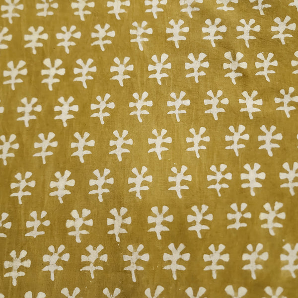 Pre-cut 1 meter Pure Cotton Dabu Mustard With Small Cream Flower Motifs Hand Block Print Fabric
