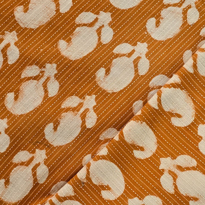 Pure Cotton Dabu Mustard With White Kaju Fruit Hand Block Print Fabric