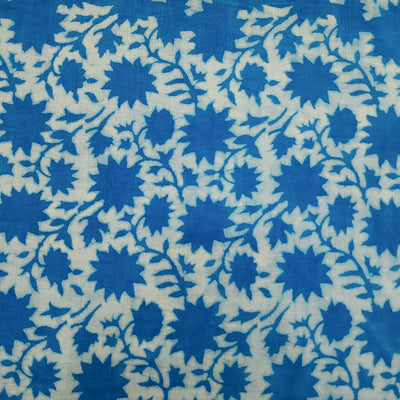 Pure Cotton Dabu  Off White With Blue Flower Jungle Jaal  Hand Block Print Fabric