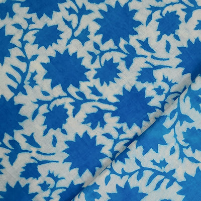 Pure Cotton Dabu  Off White With Blue Flower Jungle Jaal  Hand Block Print Fabric