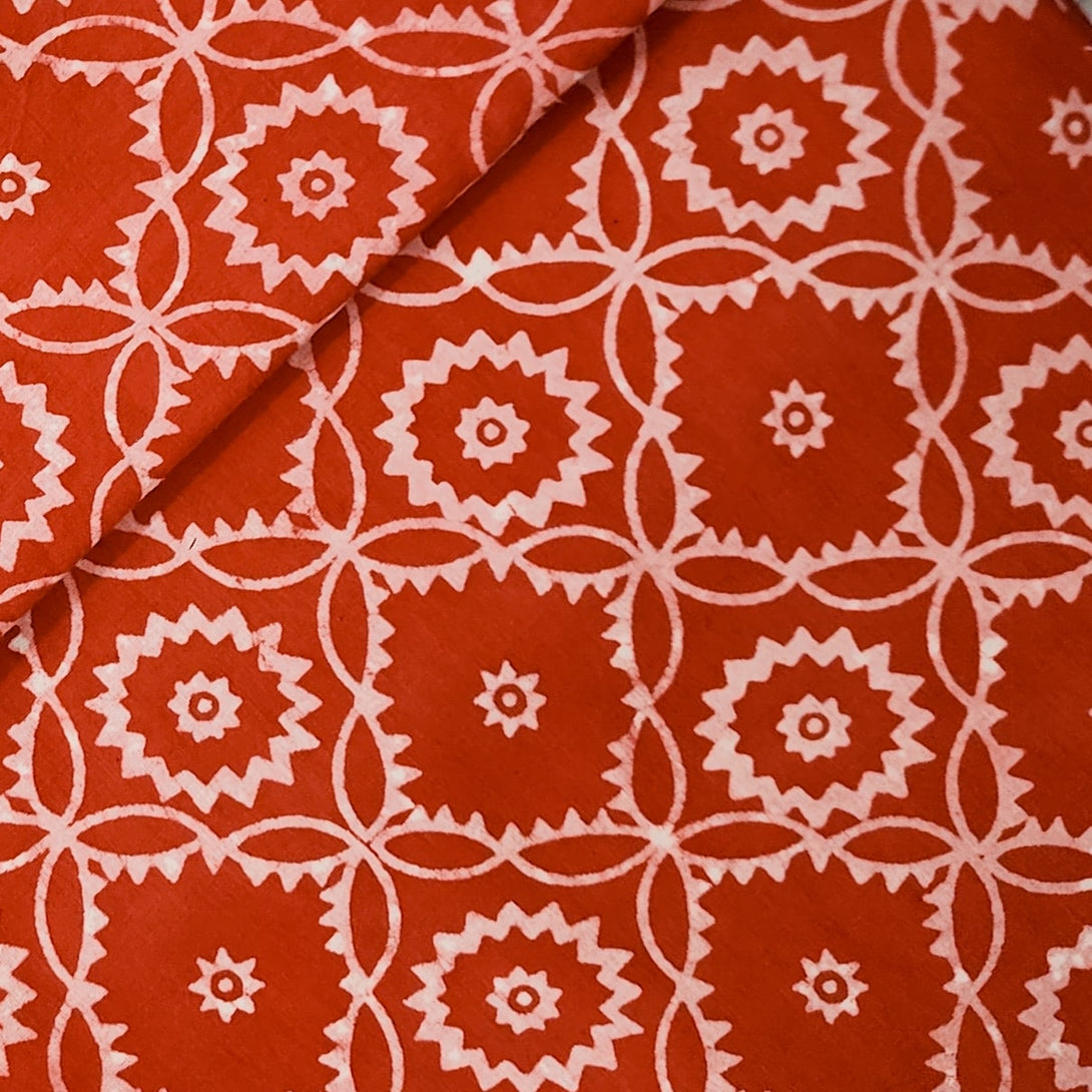 Pure Cotton Dabu Orange With Cream Flower Design Hand Block Pirnt Fabr ...