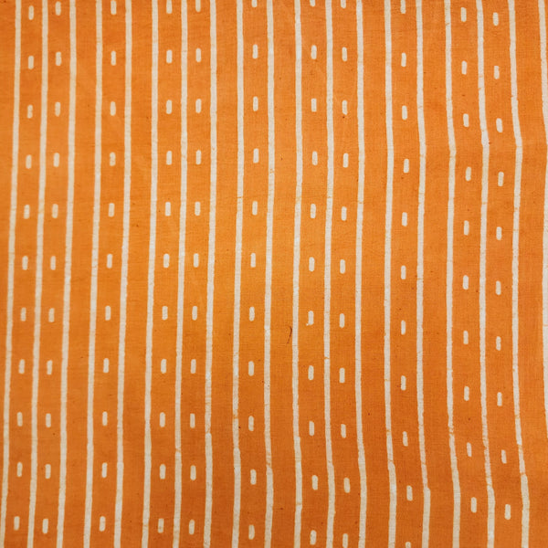 Pure Cotton Dabu Orange With Cream Stripes With In Between Dots Hand Block Print Fabric