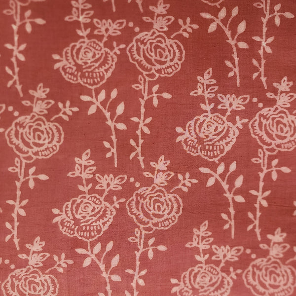 ( Pre-Cut 1.50 Meter )  Pure Cotton Dabu Peach With Cream Intreicate Flower Design Hand Block Print Fabric