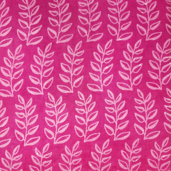 ( Pre-Cut 1 Meter ) Pure Cotton Dabu Pink With Cream Leaves Motifs Hand Block Print Fabric