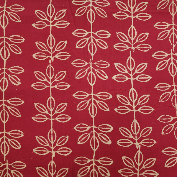 ( Pre-Cut 1.55 Meter ) Pure Cotton Dabu Pinky Red With Cream Leafy Flower Hand Block Print Fabric