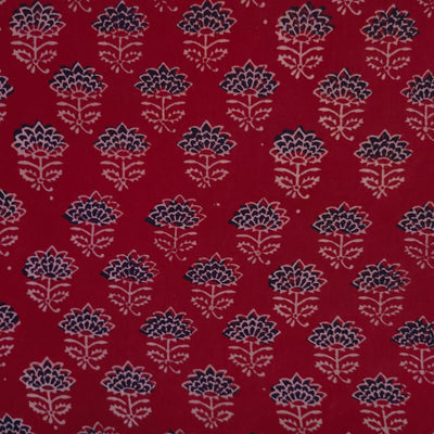 ( Pre-Cut 1.35 Meter ) Pure Cotton Dabu Red With Black Cream Flowers Hand Block Print Fabric