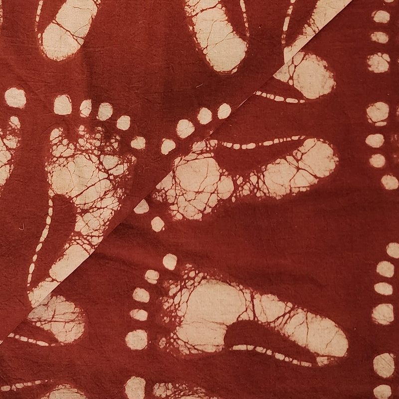 Pure Cotton Dabu  Rust Red With Cream Foot Motif Hand Block Print Fabric