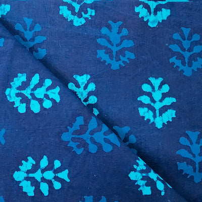 Pure Cotton Dabu Teal Blue With Light Blue Intricate Flower Motif Hand Block Print Fabric