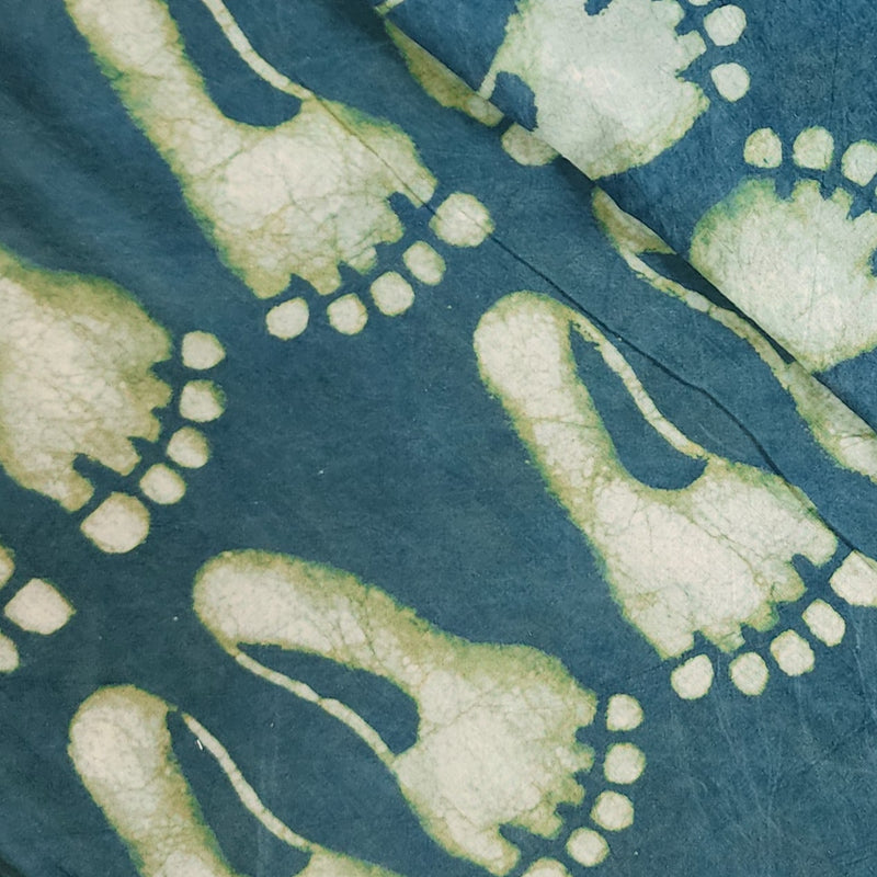 Pure Cotton Dabu  Teal Green With Cream Foot Motif Hand Block Print Fabric