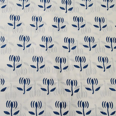 Pure Cotton Dabu White And Blue Lotus Hand Block Print Fabric