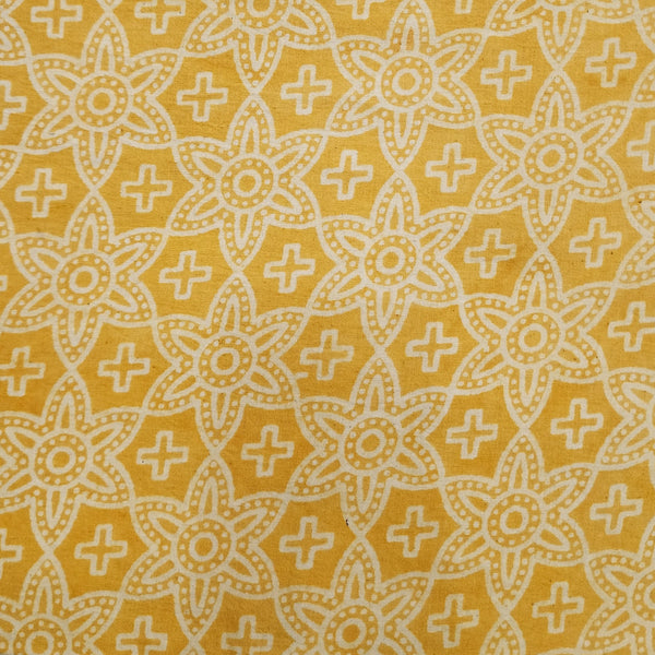 ( Pre-Cut 1.75 Meter ) Pure Cotton Dabu Yellow With Cream Floral All Over Pattern Hand Block Print Fabric