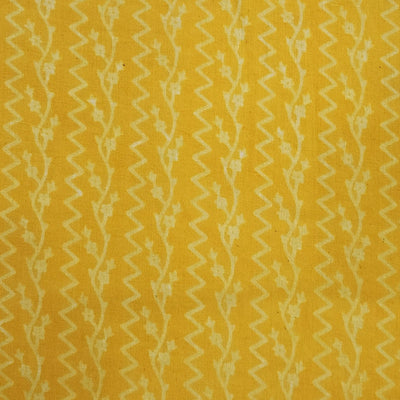 Pure Cotton Dabu Yellow With Cream Zig-Zag And Creeper Border  Hand Block Print Fabric