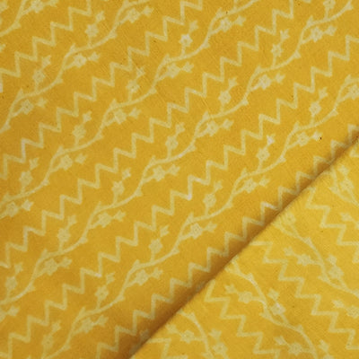 Pure Cotton Dabu Yellow With Cream Zig-Zag And Creeper Border  Hand Block Print Fabric