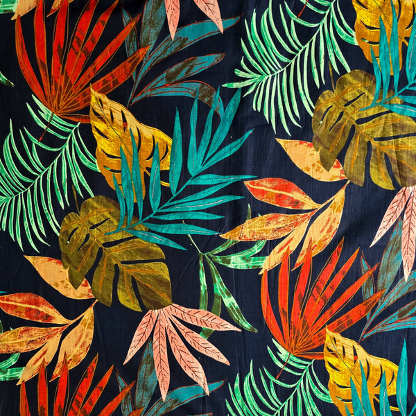 ( Pre-Cut 1.75 Meter ) Pure Cotton Dark Blue With Colourfull Leaves Screen Print Fabric