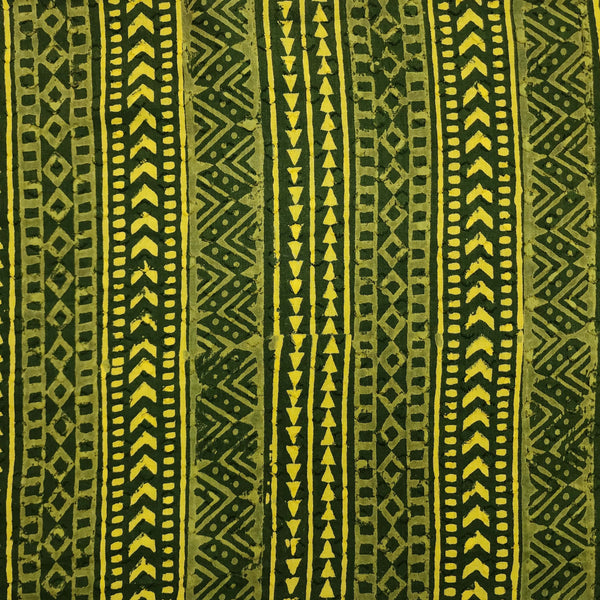 PRE-CUT 1.80 METER Pure Cotton Dark Green Discharge With Yellow Border Stripes Hand Block Print Fabric