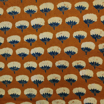 ( Pre-Cut 1.20 Meter ) Pure Cotton Dark Orange Discharge With Cream Blue Flowers Hand Block Print Fabric
