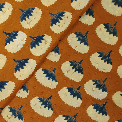 ( Pre-Cut 1.20 Meter ) Pure Cotton Dark Orange Discharge With Cream Blue Flowers Hand Block Print Fabric