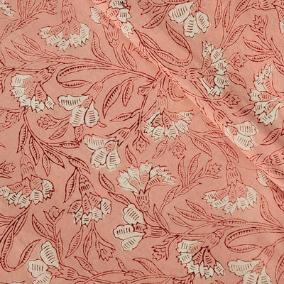 Pure Cotton Discarge Peach With Maroon And White Floral Jaal Hand Block Print Fabric
