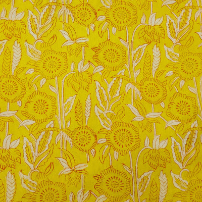 Pure Cotton Discarge Yellow With Maroon And White Floral Grass Hand Block Print Fabric