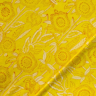 Pure Cotton Discarge Yellow With Maroon And White Floral Grass Hand Block Print Fabric