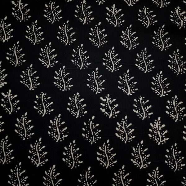 Pre-cut 2 meter Pure Cotton Discharge Black With Fern Bush Hand Block Print Fabric