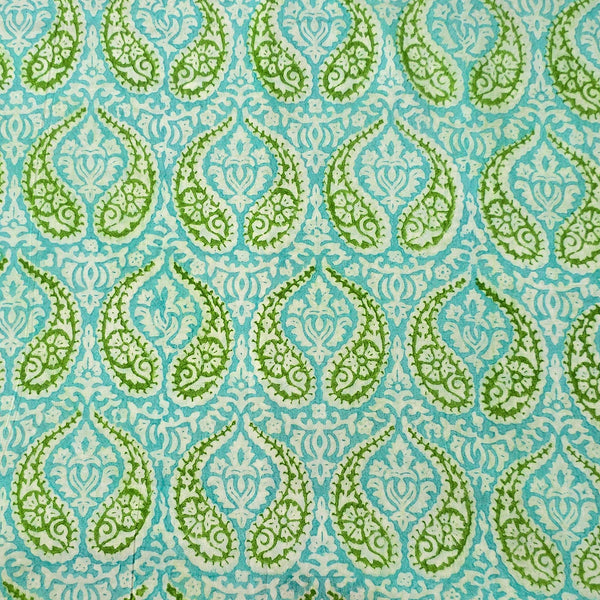 Pure Cotton Discharge Green With Light Green Intricate Kairi Motif Hand Block Print Fabric