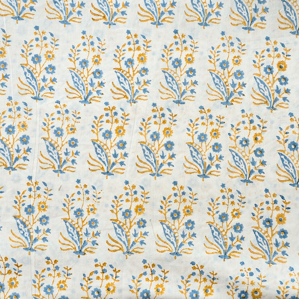 Pure Cotton Discharge Off White With Blue And Yellow Flower Motif Hand Block Print Fabric