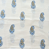 Pure Cotton Discharge Off White With Blue Kairi Motif Hand Block Print Fabric