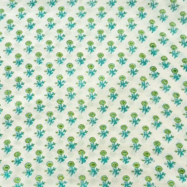 Pure Cotton Discharge Off White With Green Flower Motifs Hand Block Print Fabric