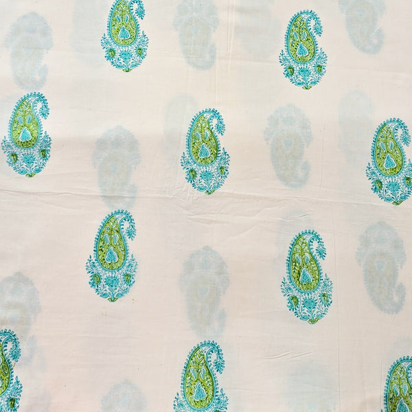 Pure Cotton Discharge Off White With Green Kairi Hand Block Print Fabric
