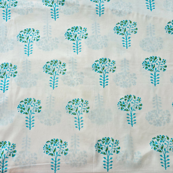 Pure Cotton Discharge Off White With Green Tree Hand Block Print Fabric