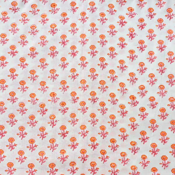 Pure Cotton Discharge Off White With Orange Flower Motif Hand Block Print Fabric