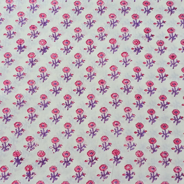 Pure Cotton Discharge Off White With Pink Flower Motifs Hand Block Print Fabric