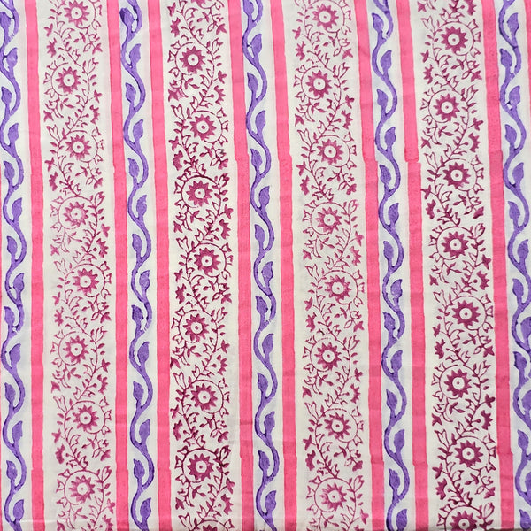 Pure Cotton Discharge Off White With Pink Stripes And Purple Creeper Flower Jaal Hand Block Print Fabric