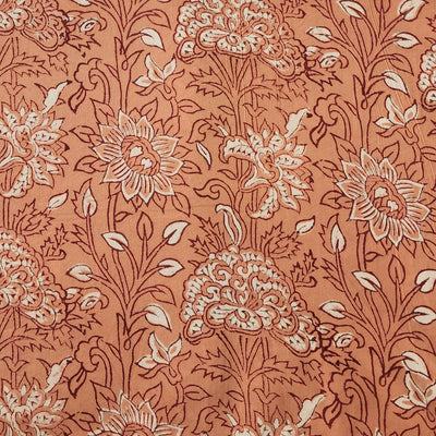 Pure Cotton Discharge Peach With Maroon And White Wild Plantation Hand Blck Print Fabric